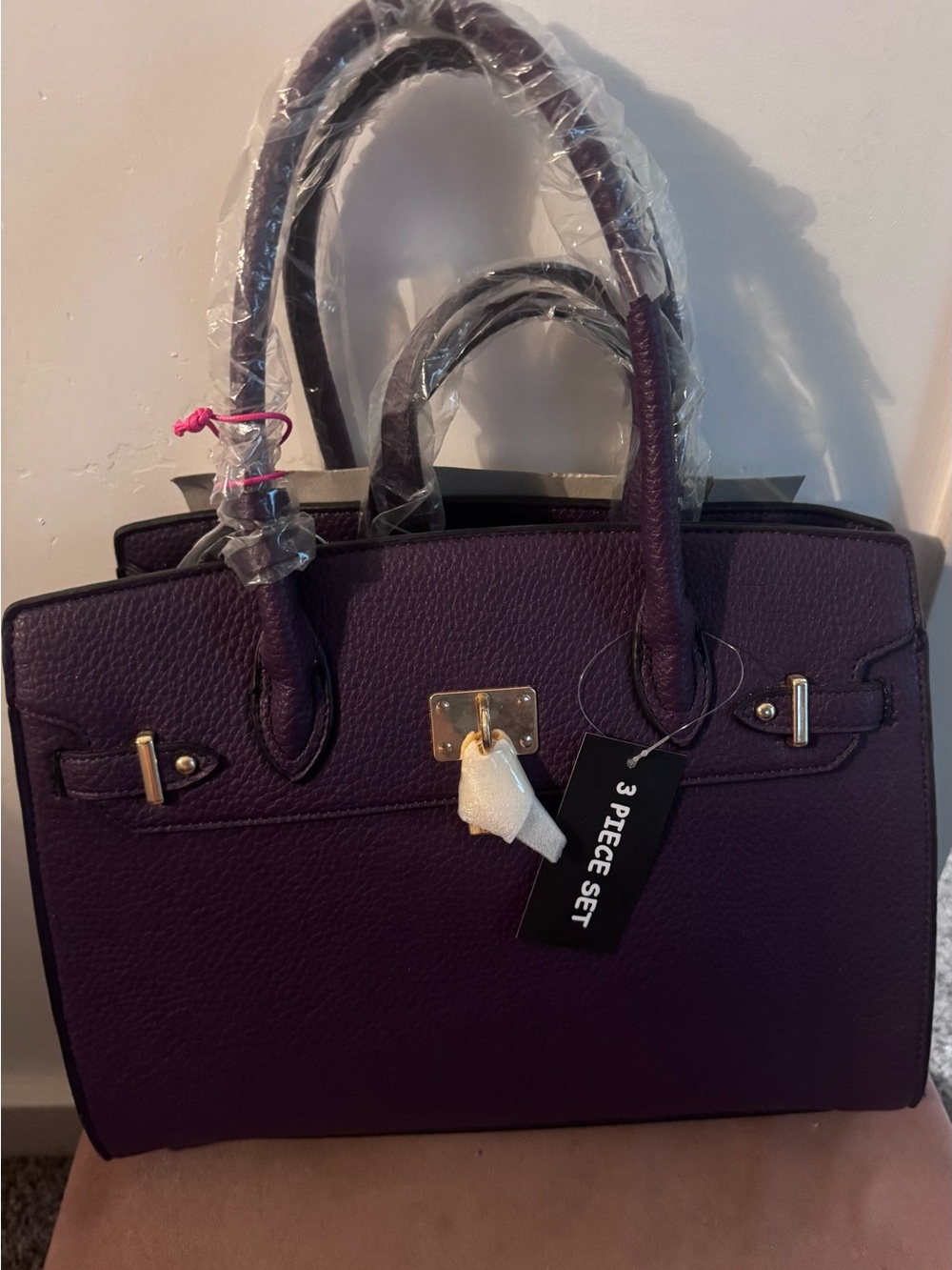 Classic Purple Structured Shoulder Tote with Gold Accents